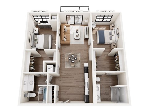 Floor plan for 2 beds, 2 baths, 985 sqft